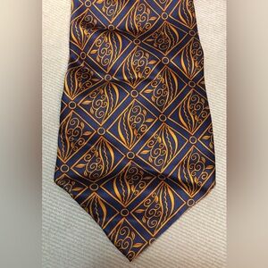 Vtg Fantastic BARCELINO Brass Botanical Grid Navy Blue Hand Made Silk Neck Tie